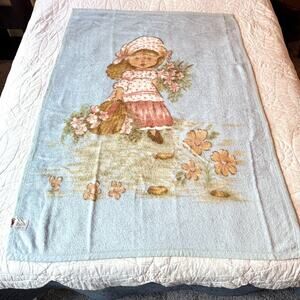 Vintage TAC Girl with Flowers Blue Acrylic Throw Blanket Retro 39x57" Rare EUC